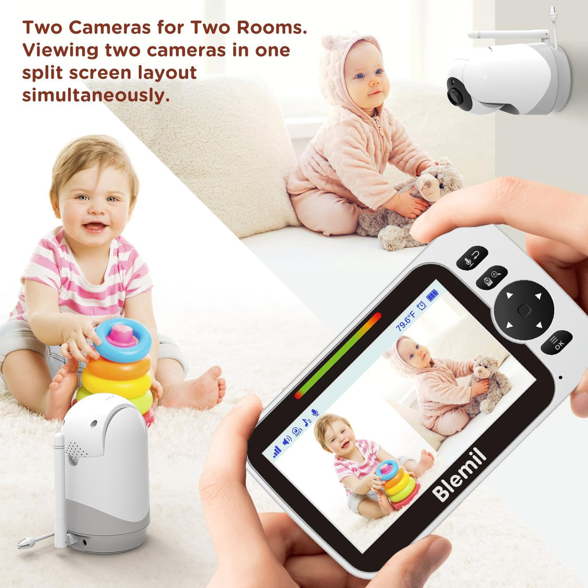 Blemil Monitor voor baby's met batterij van 30 uur, Monitor voor baby's video van groot scherm van 5 inch met camera en audio, nachtzicht, zwabbers, zonder WiFi