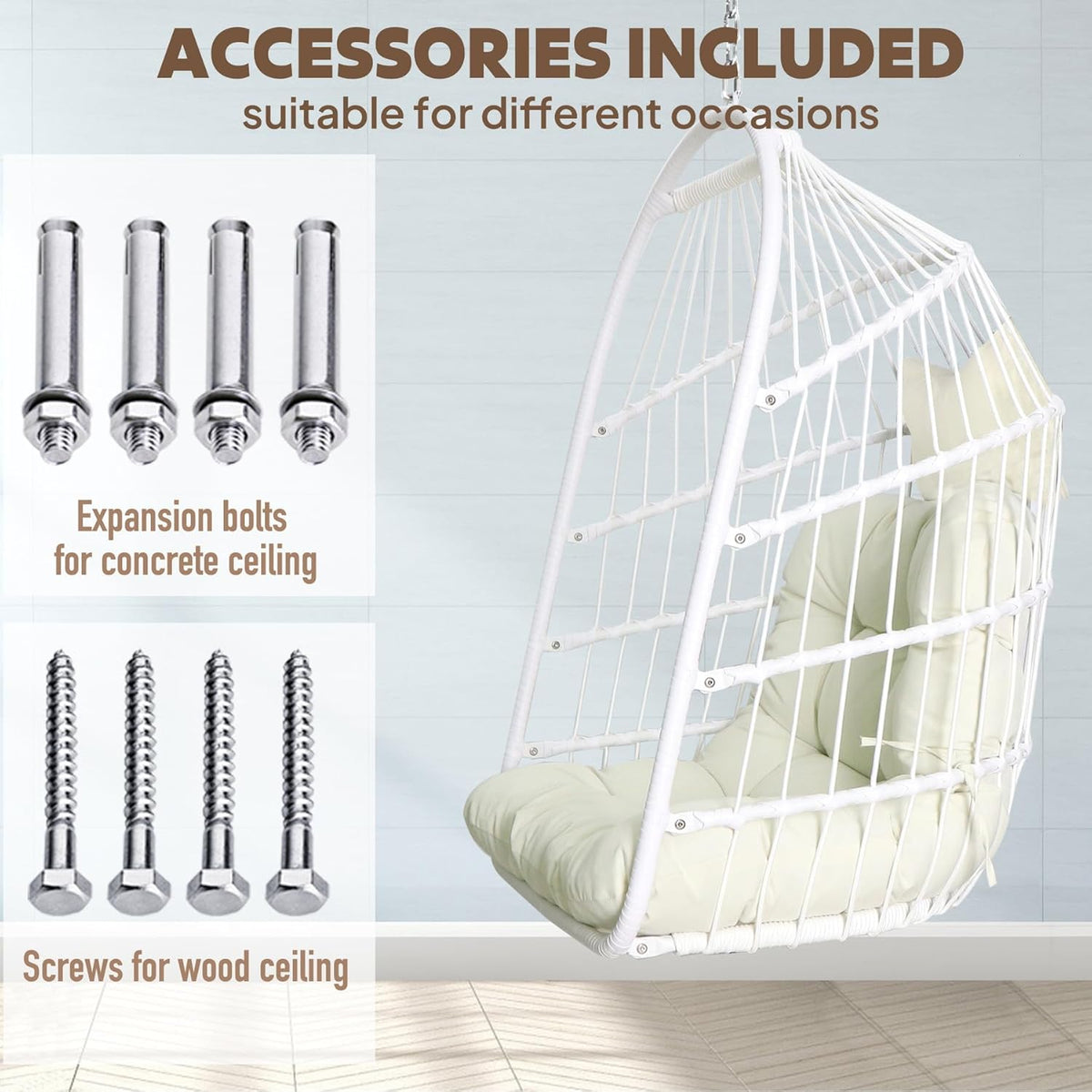 Chihee Opvouwbare rieten rotan hangstoel schommel - binnen/buiten patio rieten hangstoel met roestvrijstalen hangset ketting schakel UV-bestendig kussen voor slaapkamer/balkon
