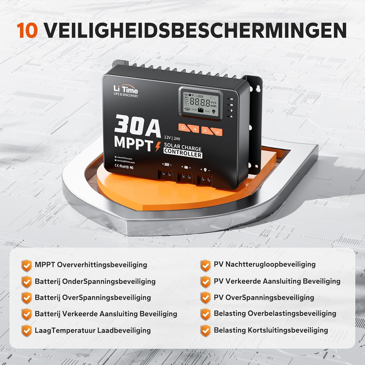 LiTime 30A MPPT 12V/24V Auto DC Max. 900W Input Solar Charging Controller met Bluetooth-adapter, parameters instelbaar LCD-display, LED-indicatoren zonnepaneel regelaar, voor lithium batterij