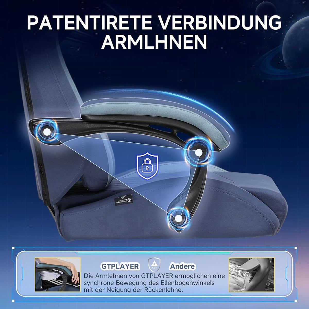 GTPLAYER Gaming Chair, Ergonomic Gamer Chair Made of Faux Leather Fabric with Lumbar Support, PC Chair with Widened Backrest, Maximum Load 150 kg, Dark Blue - QUORE
