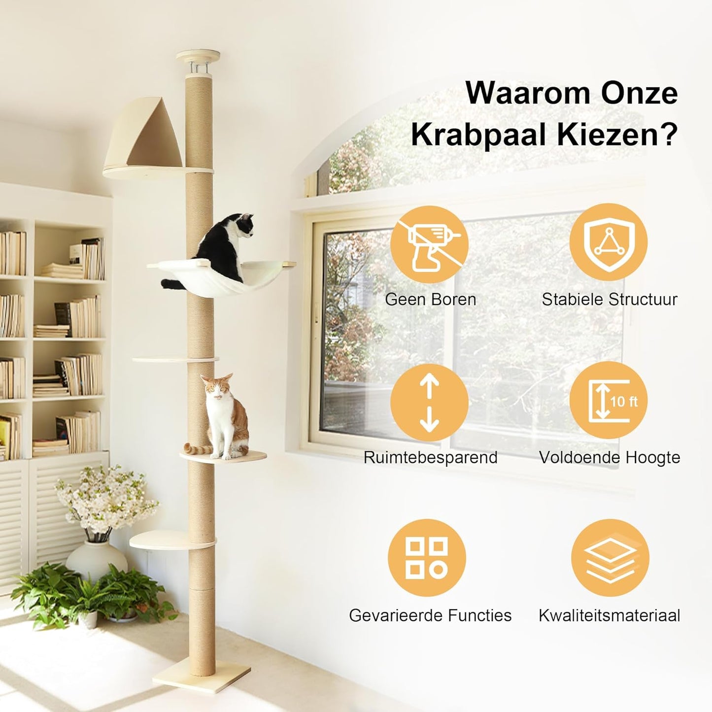 Klimboom Kat – Krabpaal – Speelton – Kattenboom – Krabmeubel – Verstelbare Hoogte 1,8-3 m – Superstabiel Tot 65 kg – Beige