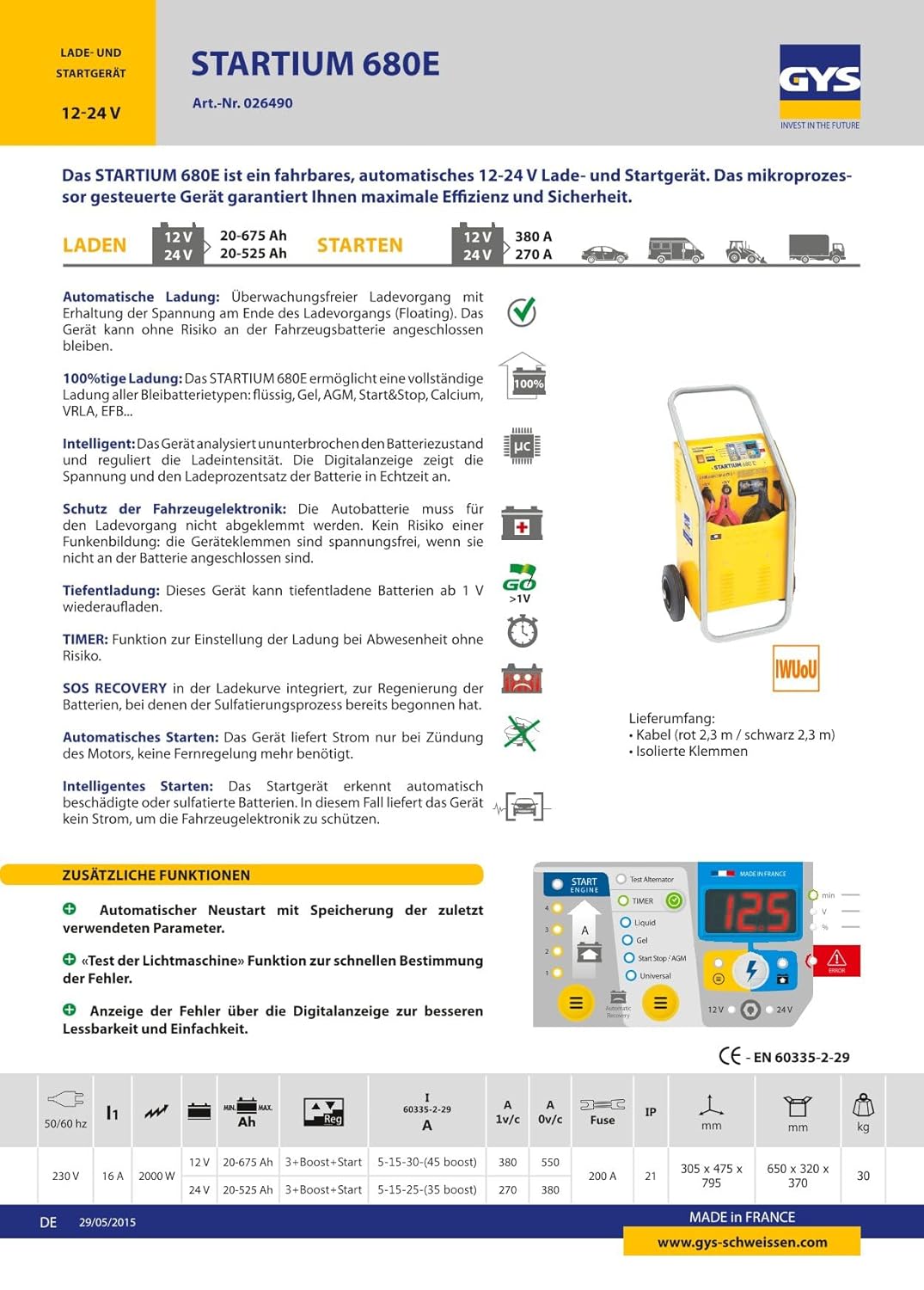 GYS 026490 Automatisch en mobiel 12-24V Lader en Starter STARTIUM 680E