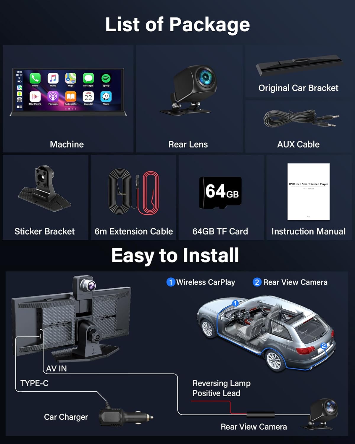 11,3 Inch Carplay Android Auto Display – Touchscreen Navigatie Scherm – Draadloze Carplay – 4K Dashcam – Draaibare 350° Camera – Dubbele Bluetooth – Inclusief 64GB TF Kaart