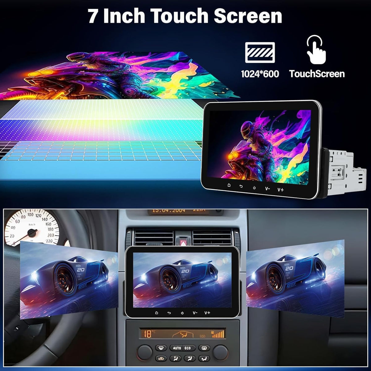Autoradio 1 Din Android 13 (2G+32G) met Dab+ 7 inch IPS-touchscreen,Draadloze CarPlay, Android Auto, GPS, Bluetooth, Mirror Link, FM/RDS, SWC, Dubbel scherm,USB + microfoon, Achteruitrijcamera