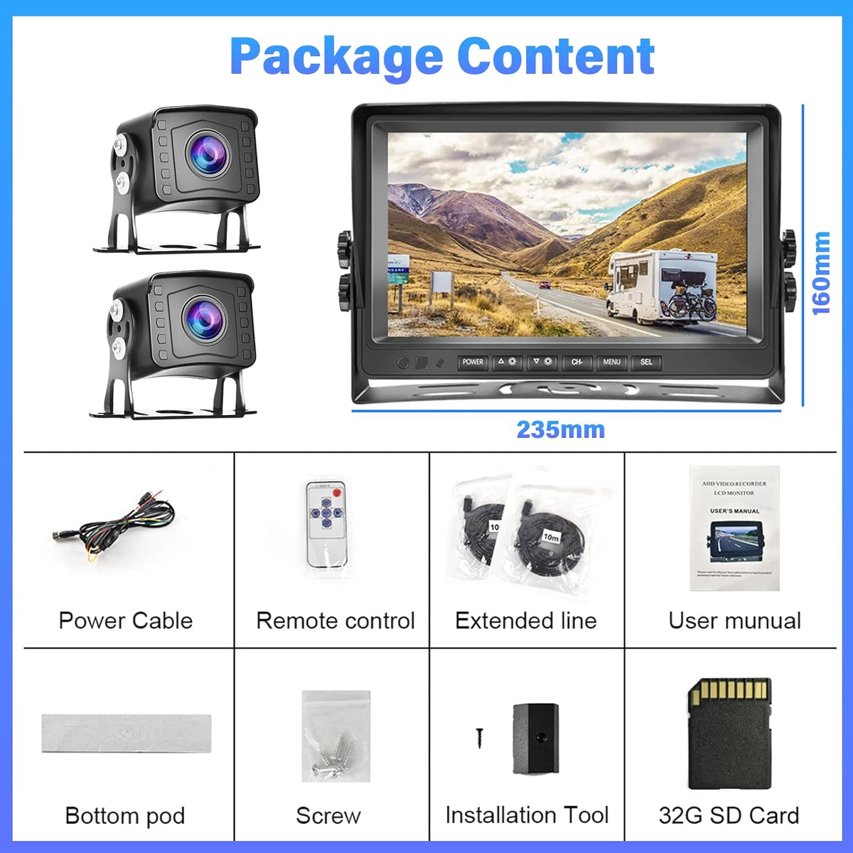 Hikity Achteruitrijcamera, set van 2 camera's, 9 inch lcd-monitor, groothoek, nachtzicht, IP69 waterdicht, 1080p backup camera, 32G SD-kaart voor vrachtwagen, aanhanger, bus, bestelwagen, landbouw,