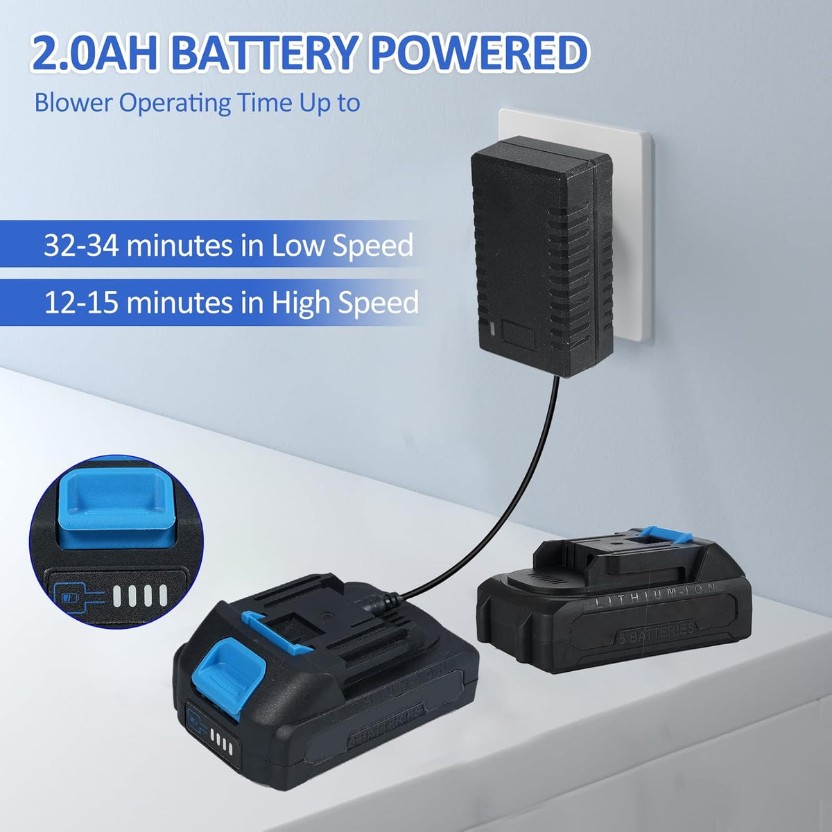 Accu-bladblazer 20 V krachtige borstelmotor 300 W handblazer handblazer 150 MPH bladblazer elektrische gazononderhoud bladblazer accu bladblazer 2,0 Ah voor de