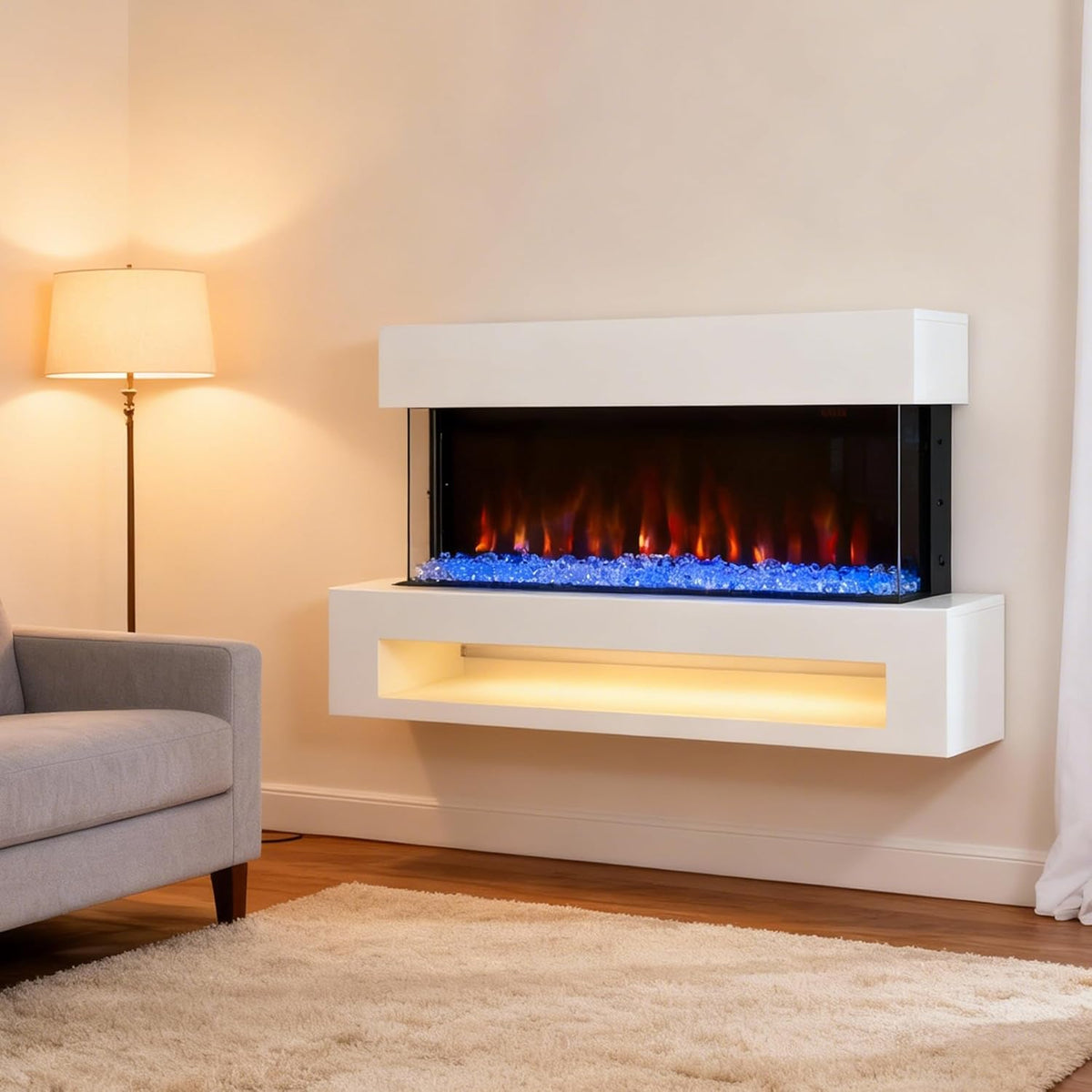 Elektrische Haard – Open Haard – Wandhaard – Sfeerverwarming – Decoratieve Haard – 2000W Vermogen – 11 Vlamkleuren & 10 Kristalopties