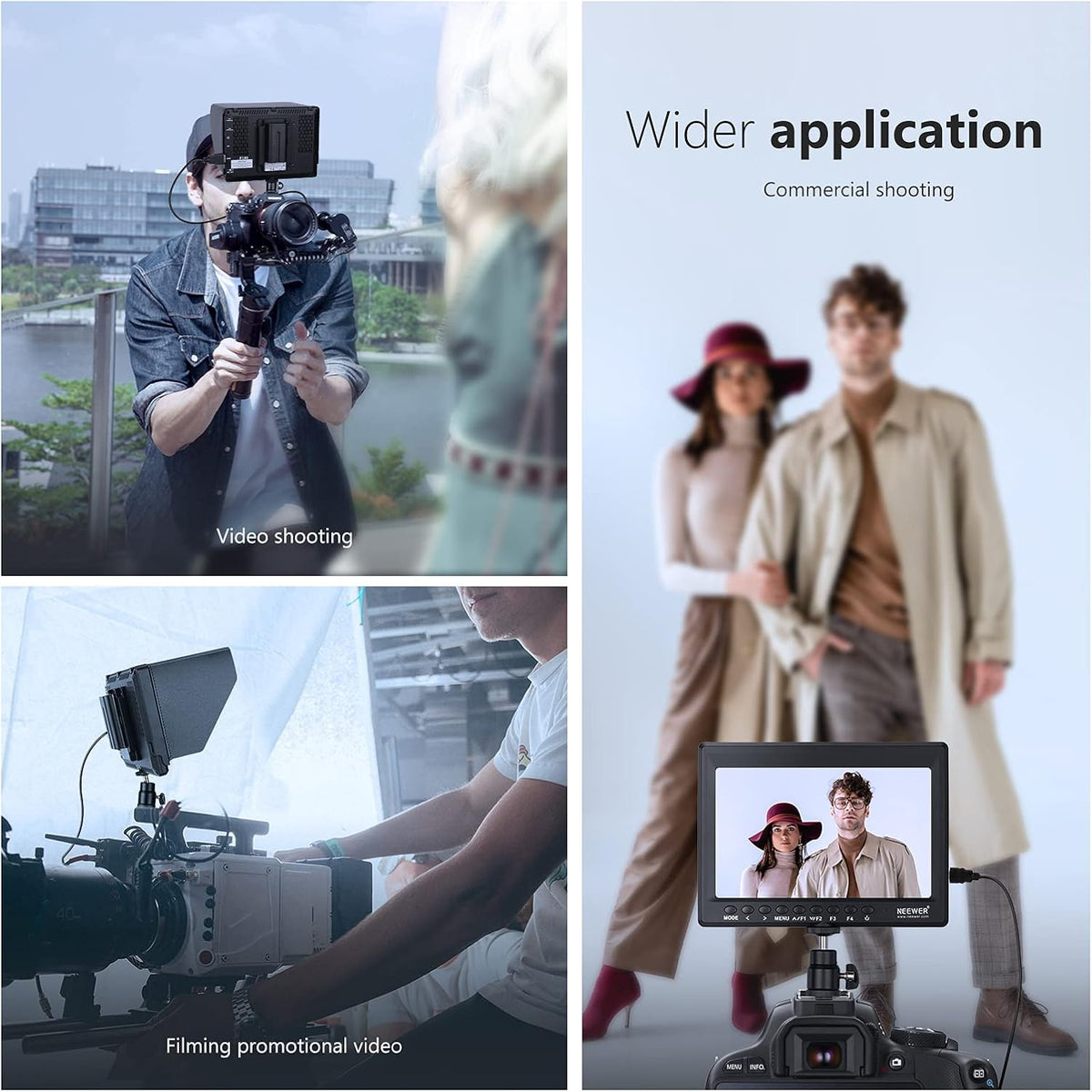 Neewer F100 7 inch camera Field Monitor Video Assist Slim IPS 1280 x 800 HDMI-ingang 1080p met parasol voor filmvideo-opname platform (batterij en adapter niet inbegrepen)