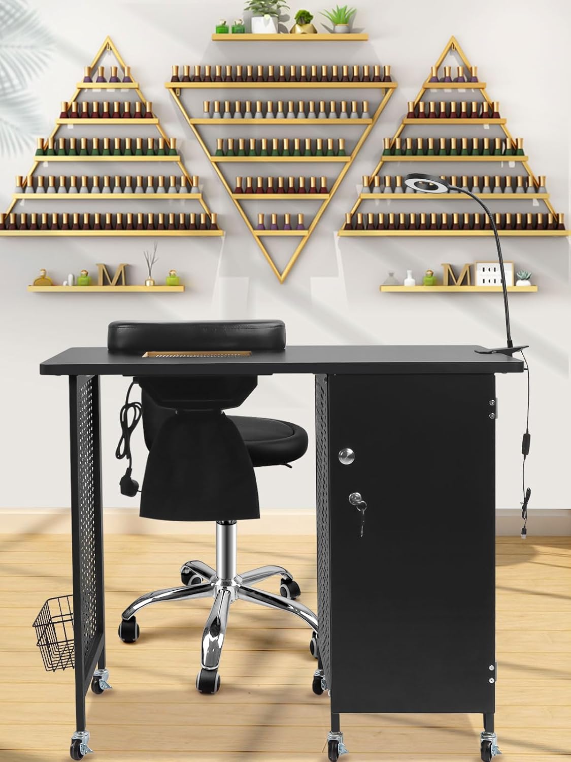 Kalolary Manicure nageltafel, mobiel nagelstation met nagelstofverzamelaar, 4 laden, led-lampen, polssteun voor thuistechnici, spa, schoonheidssalon, werkplek (Zwart)