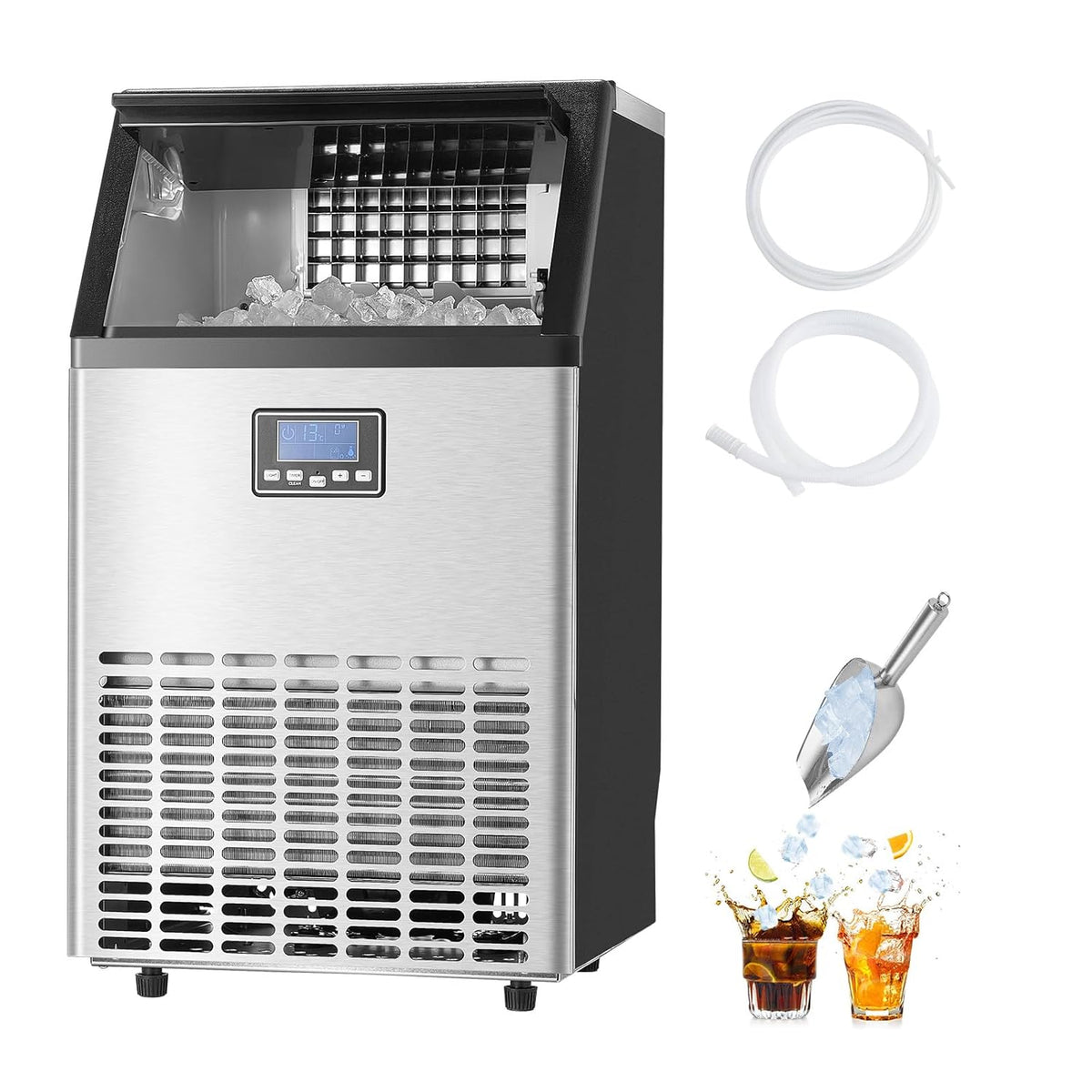 VEVOR Commerciële ijsmachine, 24 uur, 45 ijsblokjes in 15 minuten, vrijstaande ijsmachine met 13 lbs grote opslagcapaciteit voor bar, kantoor, restaurant