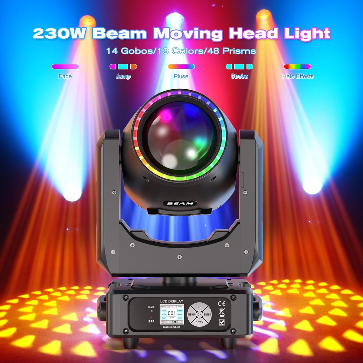 Mini 230W 7R Beam Moving Head podiumlicht met RGB lichtring 13 kleuren 14 patronen party verlichting koplamp voor disco club live show bar bruiloft Kerstmis podiumtechniek