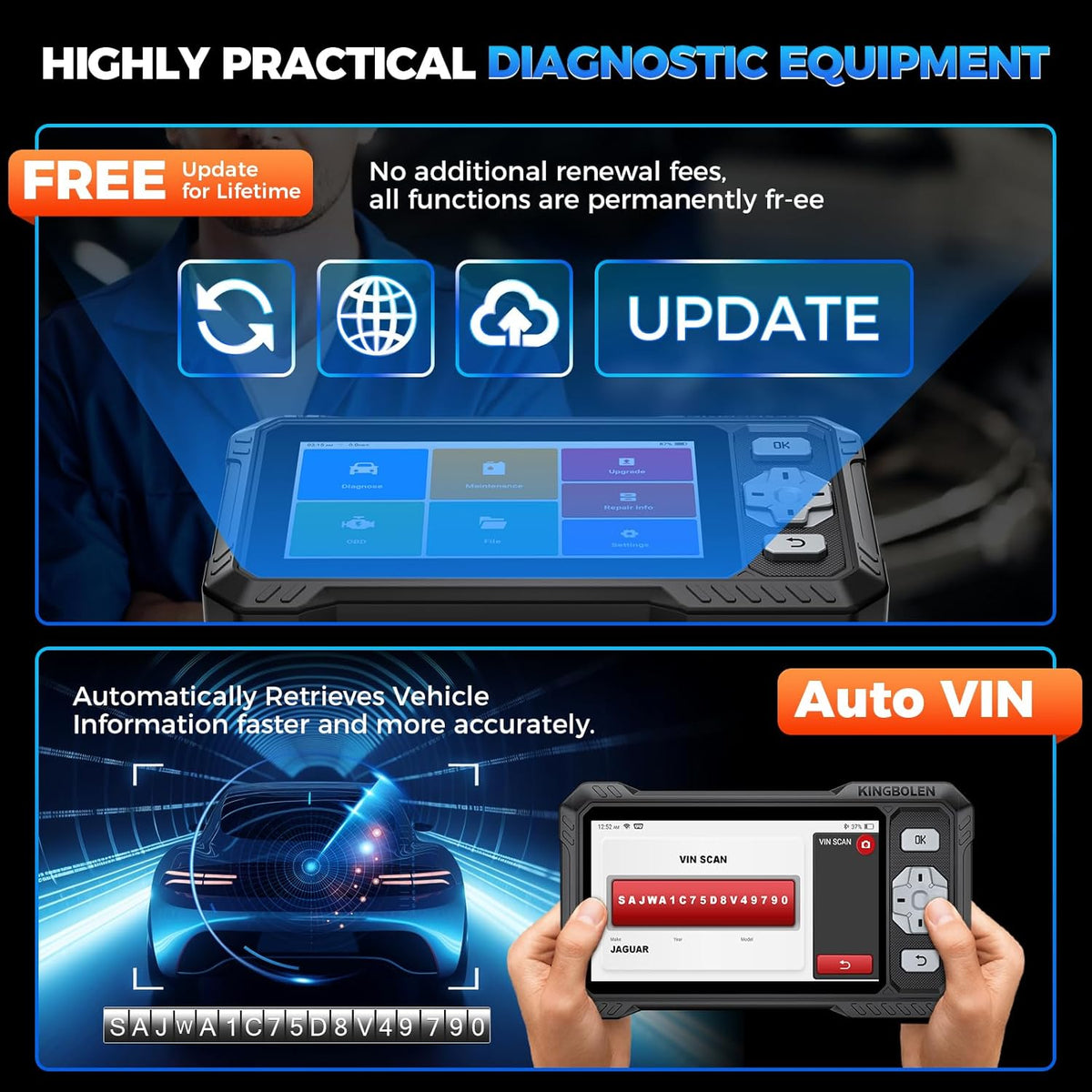 KINGBOLEN S608 OBD2 Code Reader, Auto Diagnostic Tool voor Motor/ABS/Airbag/AT,9 Reset Olie/Rem/ABS/Gear/Injector/BMS/DPF/TPMS/Throttle, OBD2 Scanner Lifetime Free Update, Kan FD Protocol