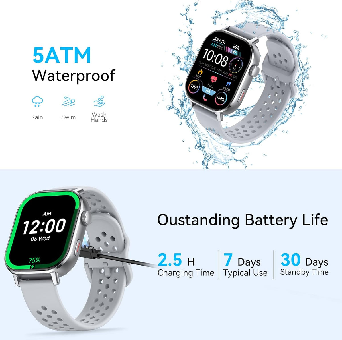 Smartwatch GPS voor dames en heren, 2,06 inch AMOLED 5 ATM smartwatch met oproepen, 110 + smartwatch-modus met stappenteller/slaap/hartslagmeter, sportfitnesstracker voor iOS en Android, grijs