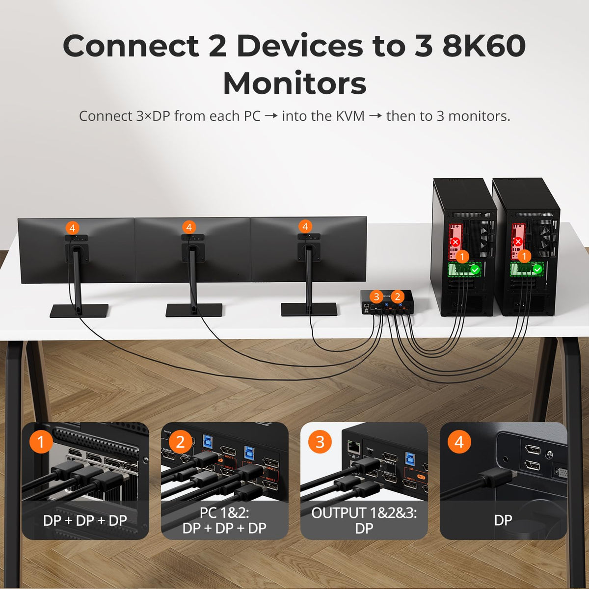 TESmart 8K 60Hz MST DisplayPort KVM Switch 2 PC 3 Monitoren, USB 3.0 4K 144Hz Drievoudige Monitor KVM Schakelaar voor desktop en laptop, Gigabit Netwerk, Custom Hotkey Switch, DP1.4, incl. PC Kabels