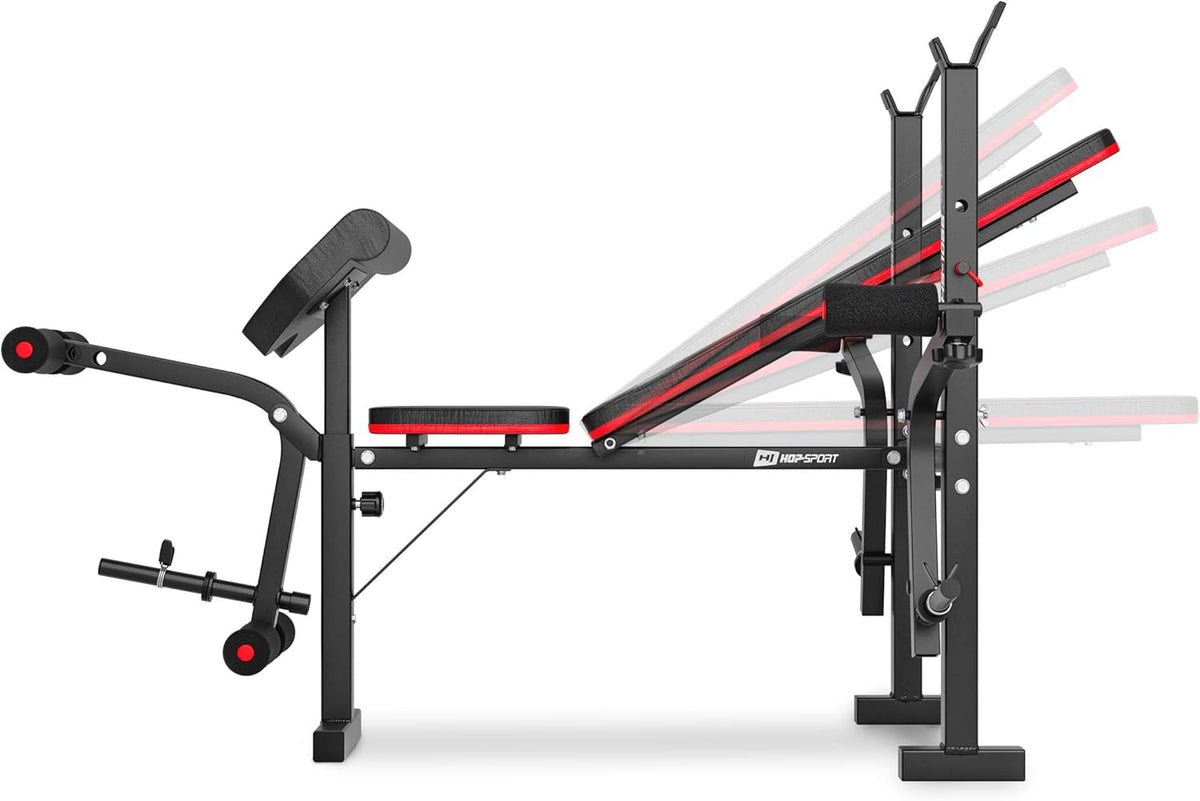 Hop-Sport Adjustable Fitness Bench HS-1055 with Curlpult, Butterfly and Leg Curler incl. 38 kg - 130 kg Dumbbell Set of Choice Long and Curl Bar - QUORE
