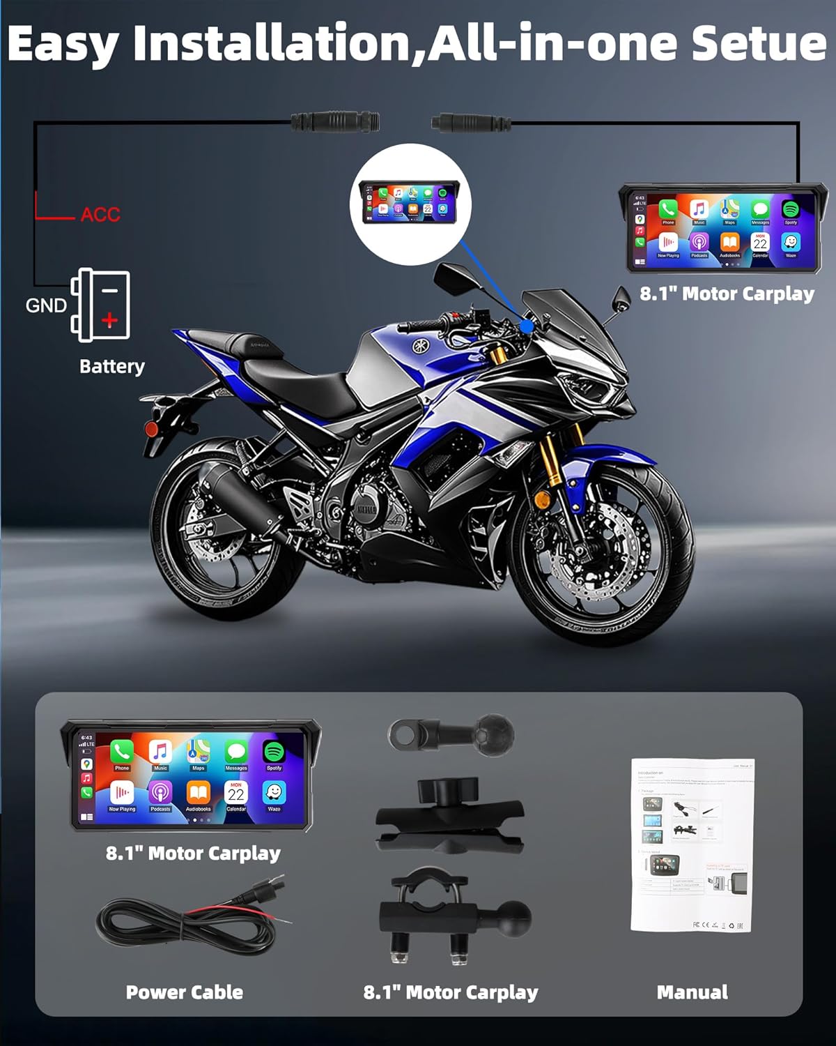Jansite 20,1 cm groot display CarPlay motorfiets, Android, auto, motorfiets, IP67, waterdicht, touchscreen, GPS-navigatie, bluetooth-audio, Siri en Google Assistant