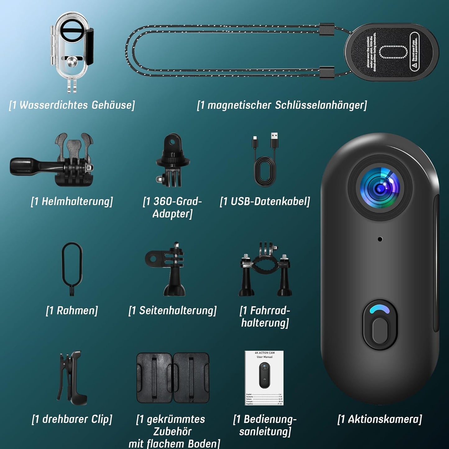 Action Cam WiFi, 4K mini-onderwatercamera, waterdicht tot 30 m, 360 graden helmcamera, fiets, handsfree POV, bodycam, lichaamscamera, actiecamera, kleine camera