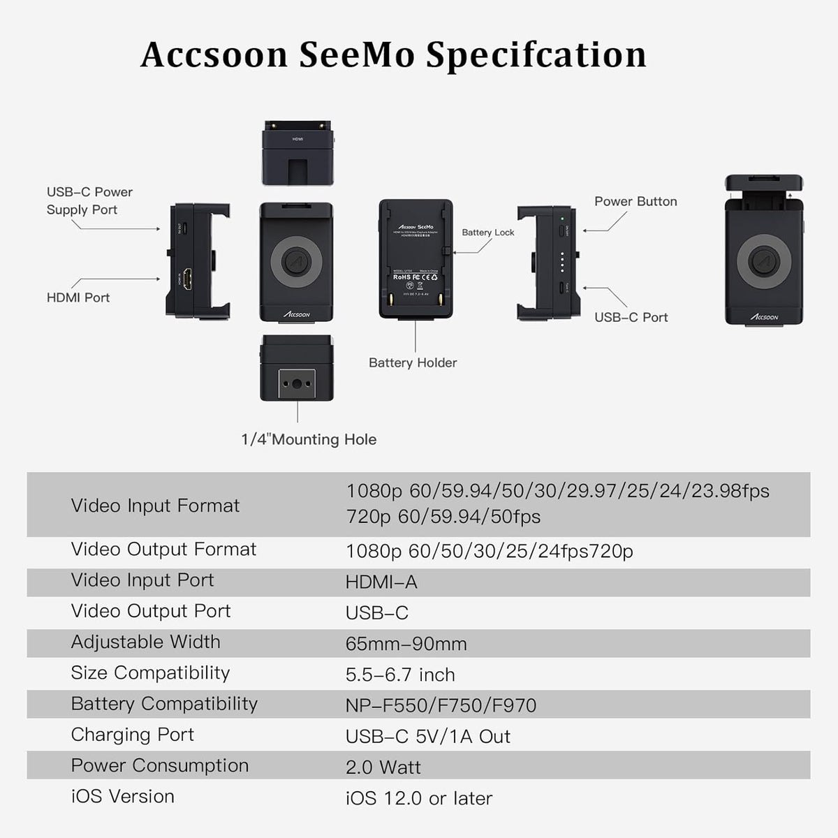 Accsoon SeeMo HDMI naar USB C Video Capture Adapter voor iPhone en, ondersteunt 1080P 60FPS Video & Real-time bewaking/streaming/opname meiOS 12.0 voor latere iPhone instelbaar-zwart