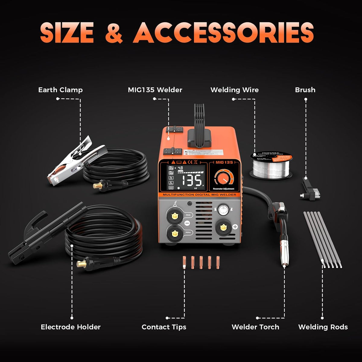 MIG135 Soldeerstation gevulde draad, zonder gas, 135 A, 220 V, elektrodensynergie, 3-in-1 MIG/ARC/lift TIG IGBT inverter lasapparaat met 1,0 mm draad, MIG-laspistool