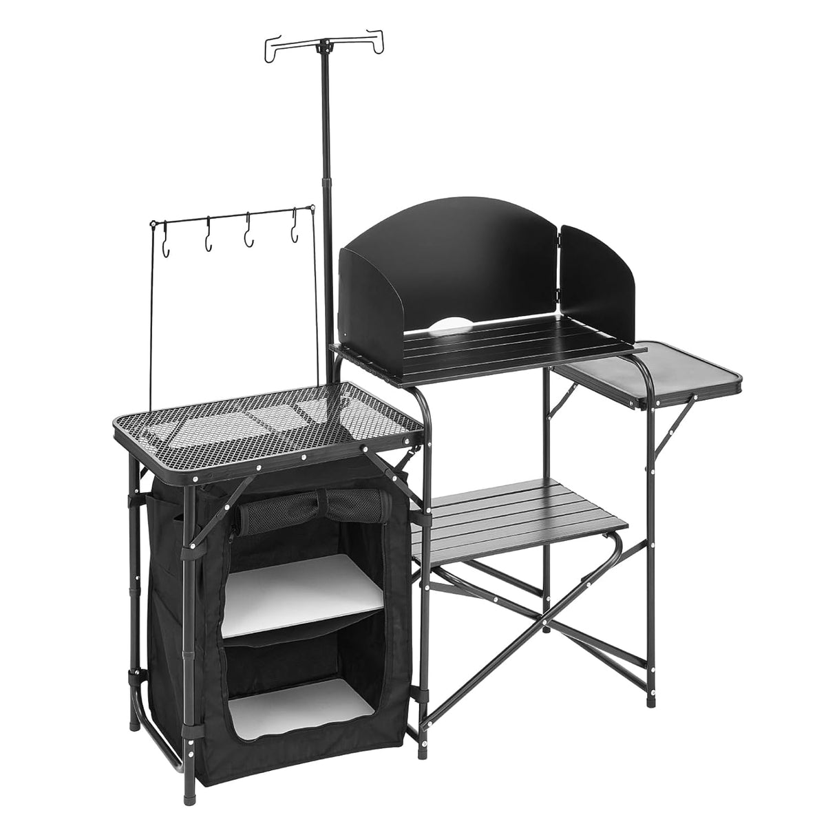 VEVOR Keukentafel voor camping buiten, aluminium, met opbergkast, draagtas, afneembare voorruit, geschikt voor barbecue, feest, picknick, reizen, camper, zwart