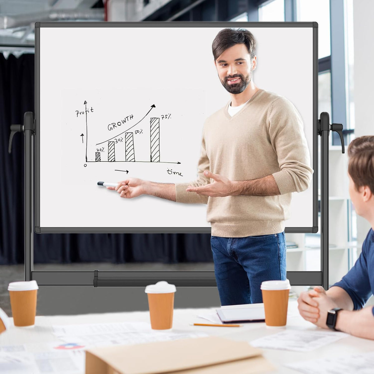 VIZ-PRO Dubbelzijdig magnetisch mobiel whiteboard, 120 x 90 cm, zwart aluminium frame en standaard