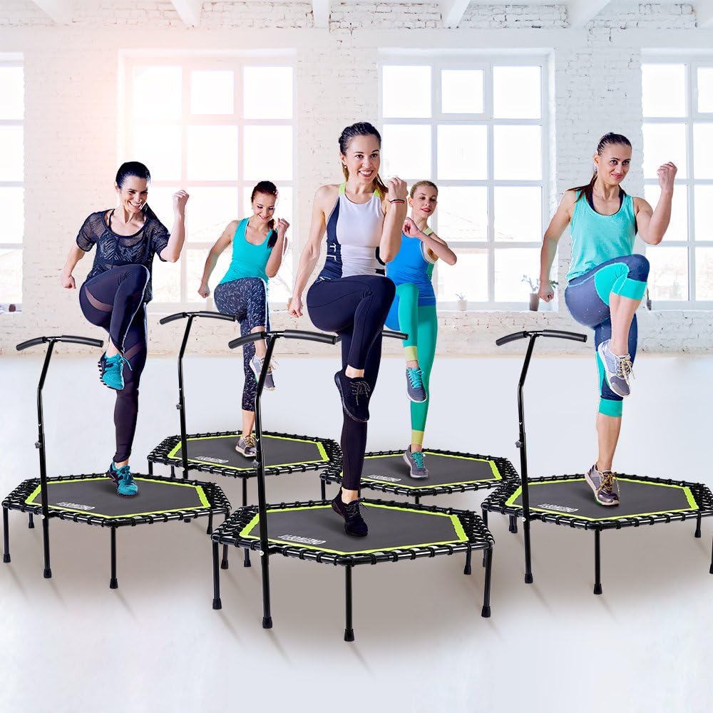 OneTwoFit Diameter stille trampoline met in hoogte verstelbare handgreep, fitnesstrampoline training zoals in de fitnessstudio trainer workout voor volwassenen