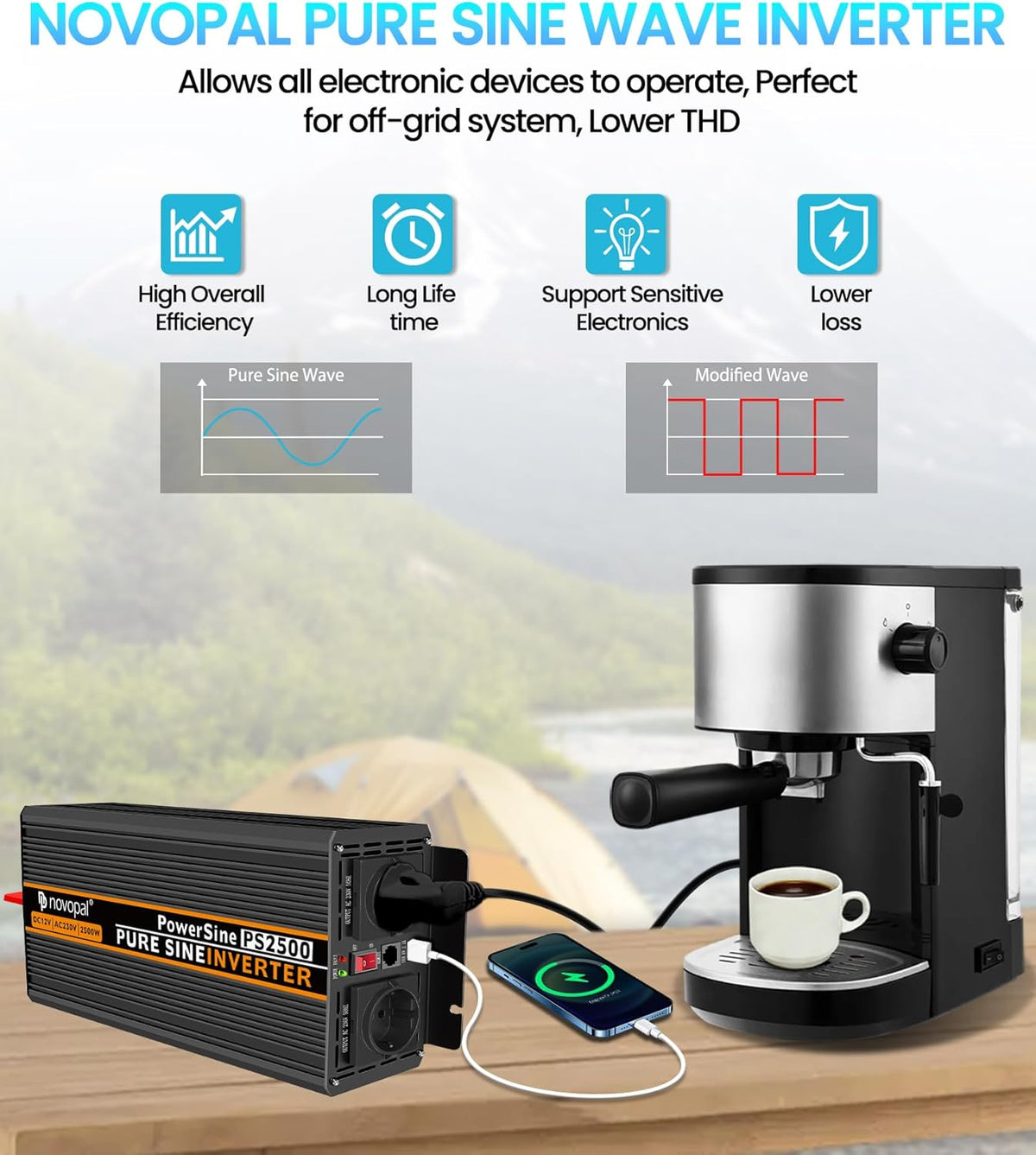 <font dir="auto" style="vertical-align: inherit;"><font dir="auto" style="vertical-align: inherit;"> NOVOPAL 2500W inverter 24V to 230V pure sine wave voltage converter with 2 EU sockets and a 2.1A USB, 5m remote control </font></font>