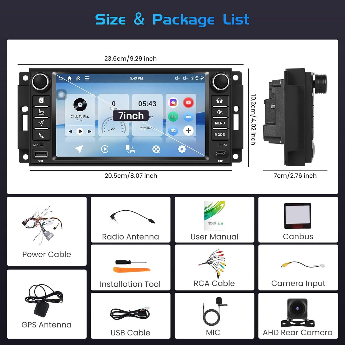 4+128G autoradio voor Jeep Wrangler 2007-2018, Android 15 met 7-inch In-Cell scherm, ondersteunt draadloze CarPlay en Android Auto, Mirror Link, FM/RDS-radio, GPS, wifi, Bluetooth en SWC.