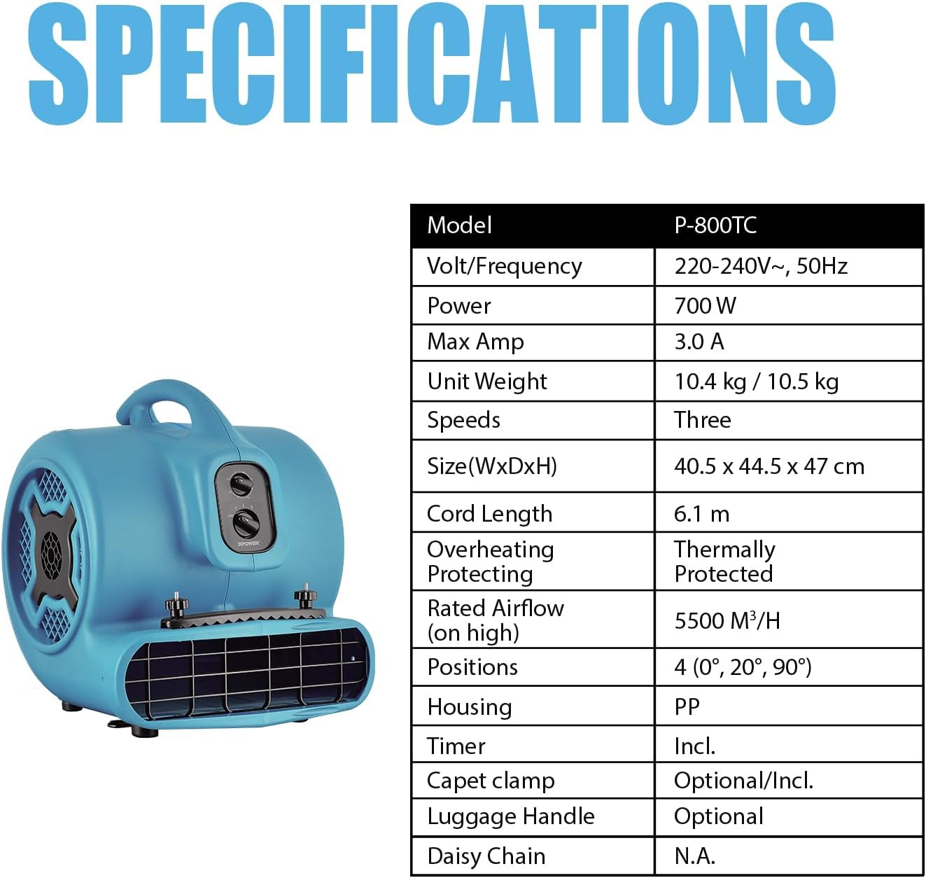 XPower Mighty Centrifugal Air Mover, Carpet Dryer, Floor Fan, Blower, Stackable, Daisy Chain, for Water Damage Restoration, Janitorial, Plumbing, Home Use (Blau, P-800TC 3200CFM)