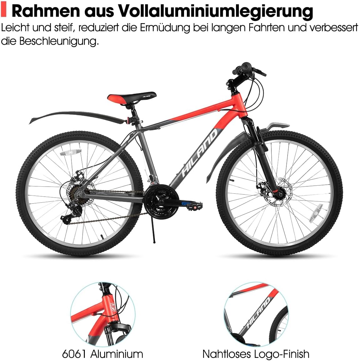 Hiland Mountainbike, 26 inch, 18 versnellingen, verende vork, aluminium frame, schijfrem voor mannen en vrouwen, MTB oranje fiets