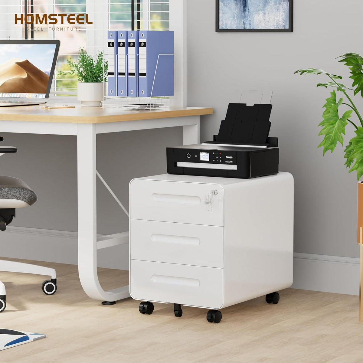 Rolcontainer, mobiele archiefkast met slot, afgeronde hoeken, 4 sleutels, 3 laden, printertafel, reeds voorgemonteerd, voor kantoor, thuiskantoor, 46B x 40D x 50H cm, Wit