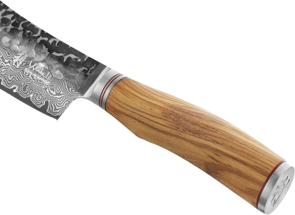 Wakoli Olive HS Damast Grill blokmes van echt damaststaal (VG10 kern), 20 cm lemmet, scherp en ergonomisch, damastmes met olijfhouten handvat in houten box, keukenmes en vleesmes voor grill