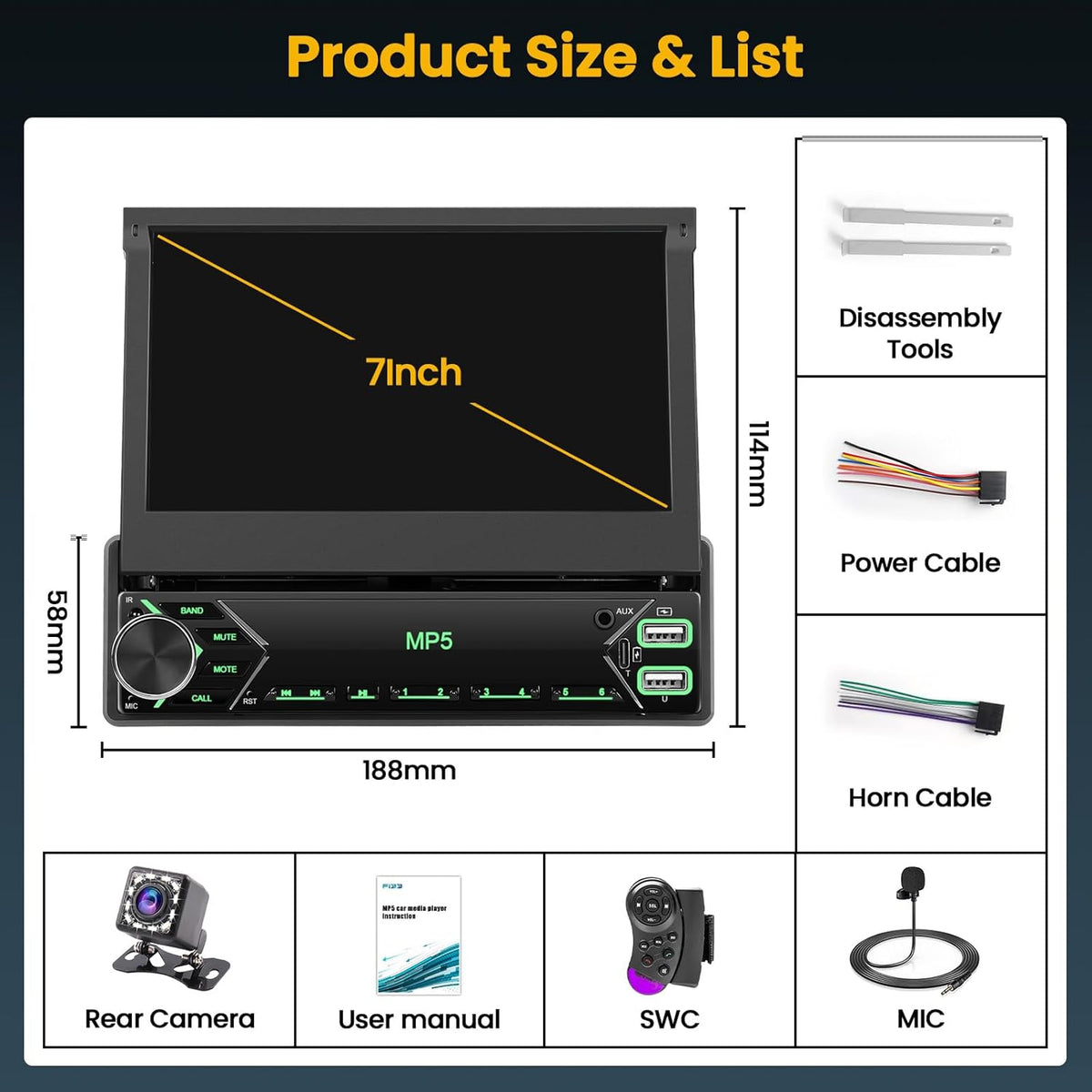 Hikity 1 Din autoradio met 7 inch flip-out gemotoriseerd touchscreen autoradio met Bluetooth radio achteruitrijcamera Mirror Link USB AUX MIC