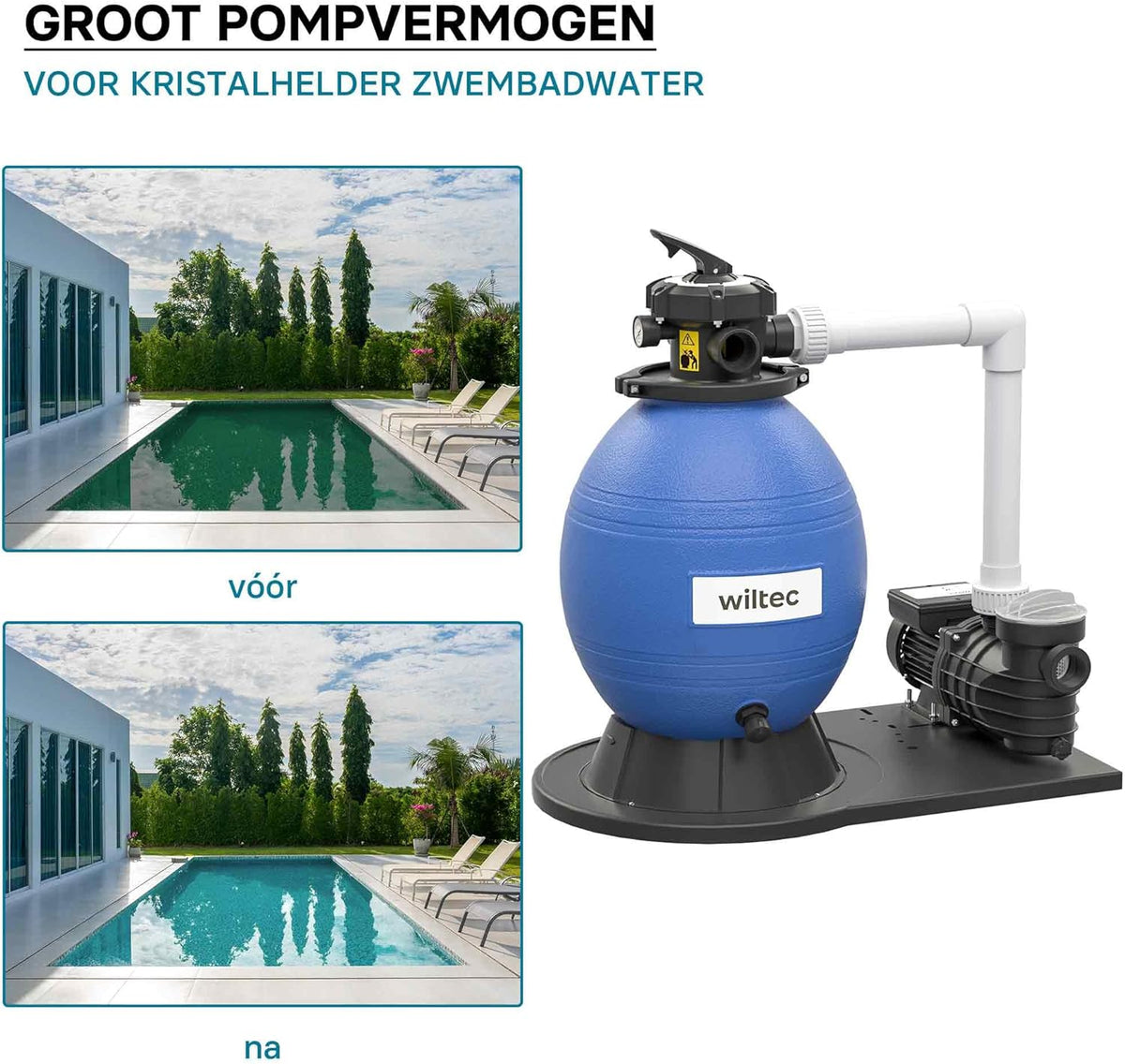 Wiltec zandfiltersysteem 550 W met 38 liter filtertank en zelfaanzuiging 18.000 l/h poolpomp