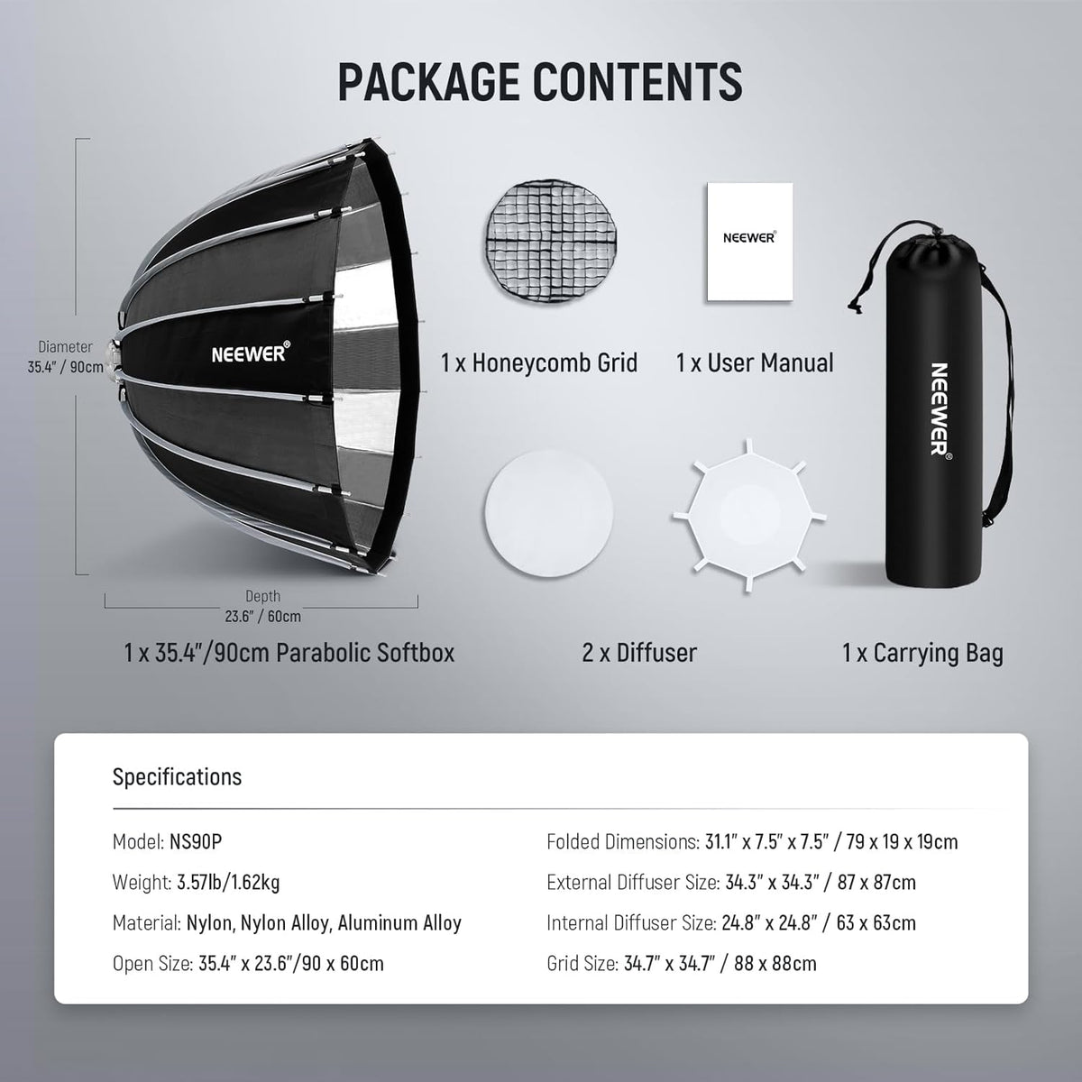 Diepe Parabolische Softbox – Studio Softbox – Flitssoftbox – Videosoftbox – Bowens Mount – 90 x 60 cm – 2 Diffusers En Honingraatrooster