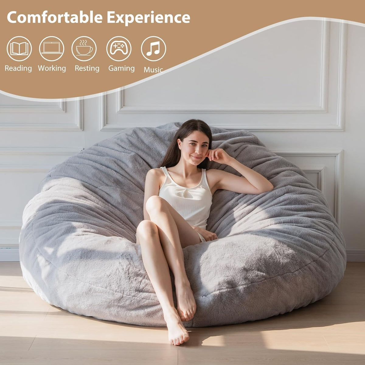 MAXYOYO Bean Bag Bed - Convertible from Bean Bag to Bed - Large Sofa with Plush Cover and Fluffy Filling Included for Adults, Guest (Grey, 150 x 150cm)