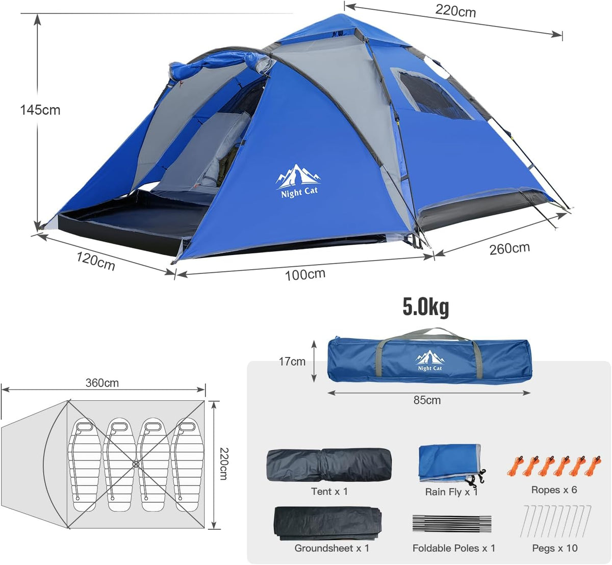 Night Cat Pop Up Tent voor 3 4 Personen: Waterdichte Kampeertent Eenvoudig Op Te Zetten voor Familie festivals Kampeer Picknicks in Tuin Achtertuin Park