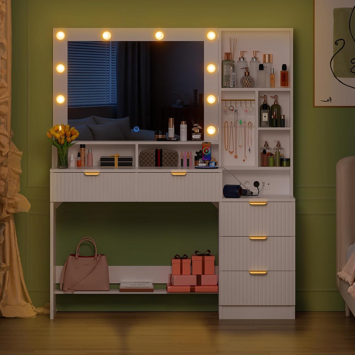Devoko LED Lighting Makeup Table with Mirror, Dressing Table with Sockets and 5 Drawers, 6 Jewellery Hooks and Open Shelves, Vanity Desk for Bedroom (White) - QUORE