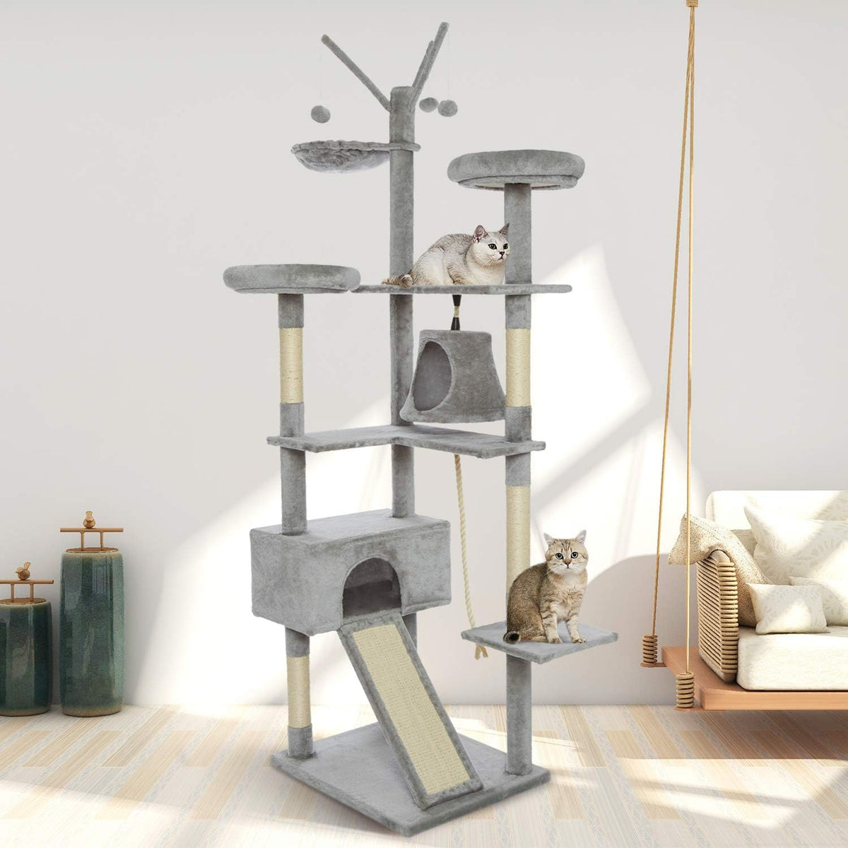 Kattenboom – Krabpaal – Kattenbomen – Kattenkrabberpost – Klimtoren – 210 cm Hoogte – Unieke Golvende Glijbaan – Stabiele Basis Met 6 Niveaus