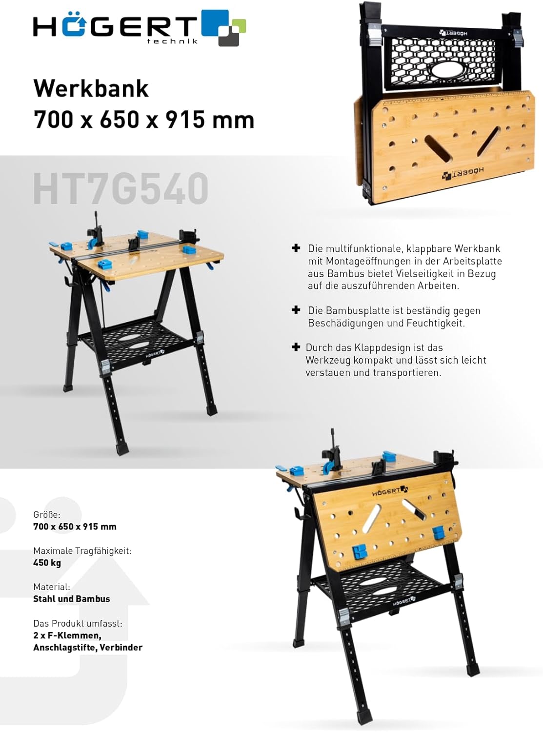 HÖGERT TECHNIK Opvouwbare werkplaatstafel 700 x 650 x 915 mm met bamboeplaat, 5-voudig in hoogte verstelbaar, 450 kg draagkracht, boringen, verbindingsstukken en spanklemmen