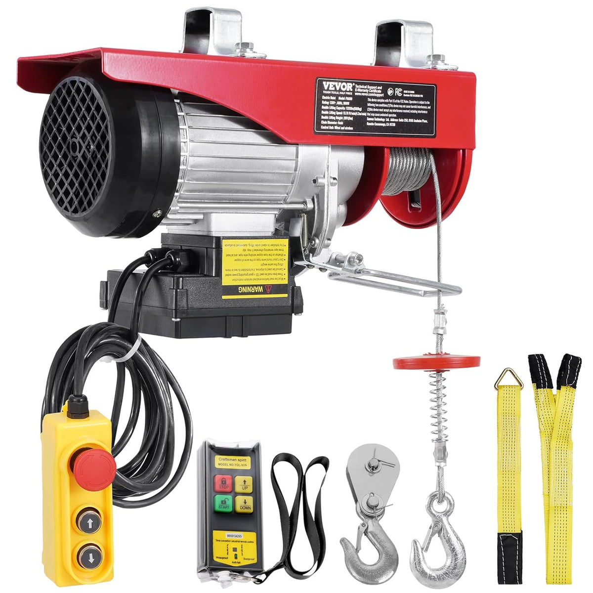 VEVOR Electric Hoist with Double Cable, Max Load 600kg, Cable Remote Control 4.2m, Single Cable Lifting Height 12m, Pulley Emergency Stop, Jack for Garage, Warehouse, Factory