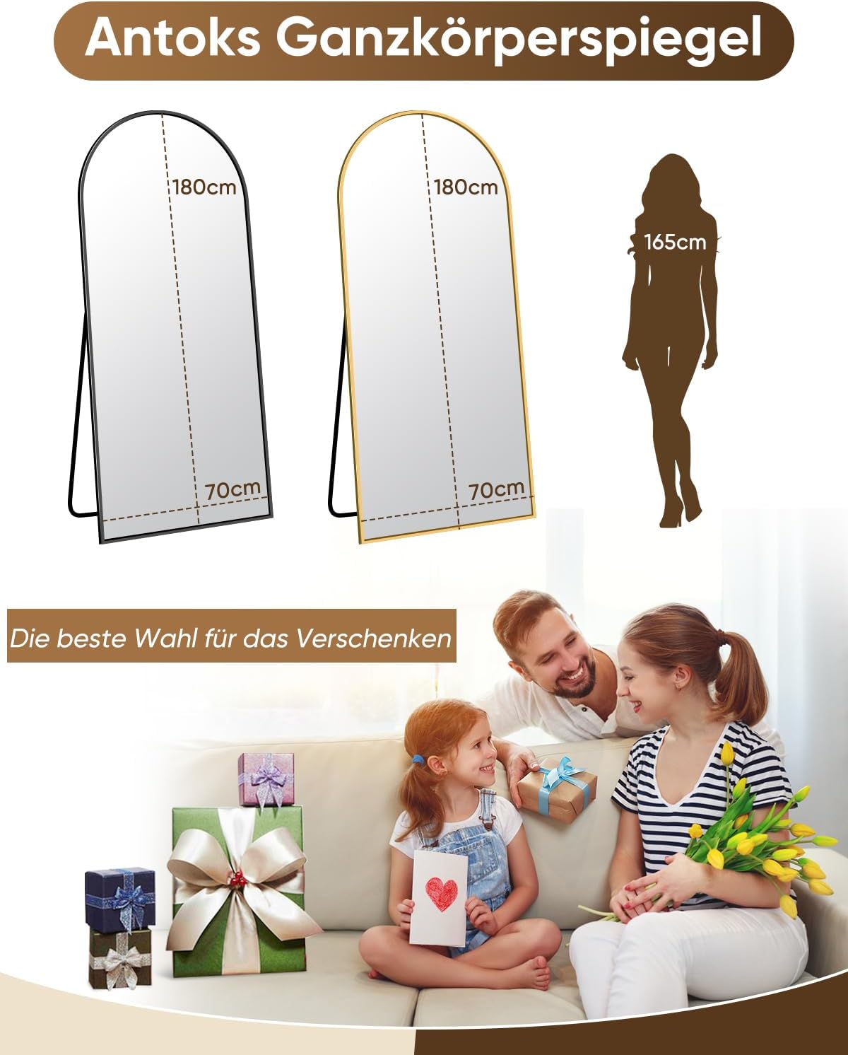 Vloerspiegel – Staande Spiegel – Wandspiegel – Lengtespiegel – Volledige Lengte Spiegel – Zwart Aluminium Frame – Onbreekbaar Glas – 180 x 66 cm – Gebogen Design