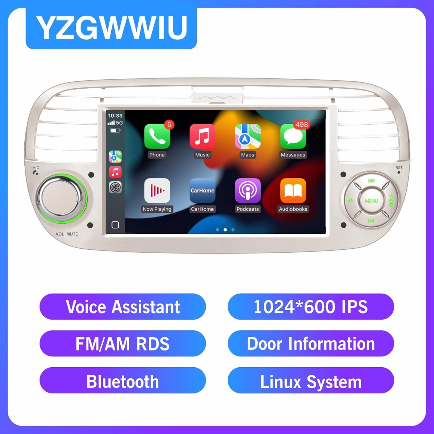 Autoradio Fiat 500 – Multimedia Speler – Auto Stereo – Navigatie Systeem – DAB Radio – Carplay & Android Auto – Bluetooth 5.0 – IPS Display