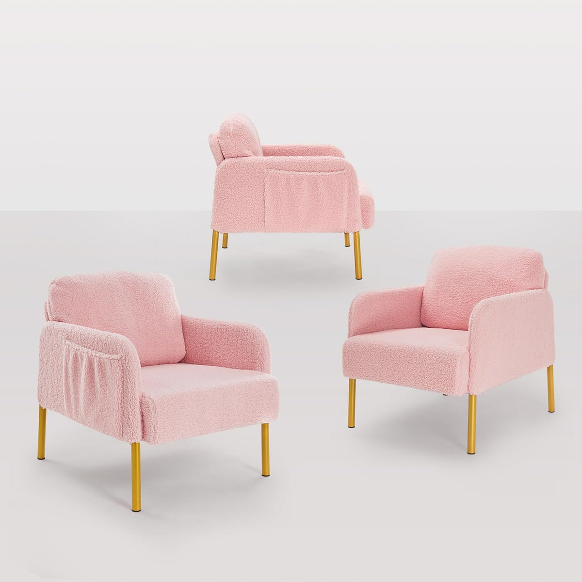 Mondeer Armchair Accent Chair with Storage Bag and Metal Legs, Soft Imitation Lambswool Fabric for Living Room, Bedroom, Reading Reception, Lounge, 63 x 75 x 75 cm, Pink