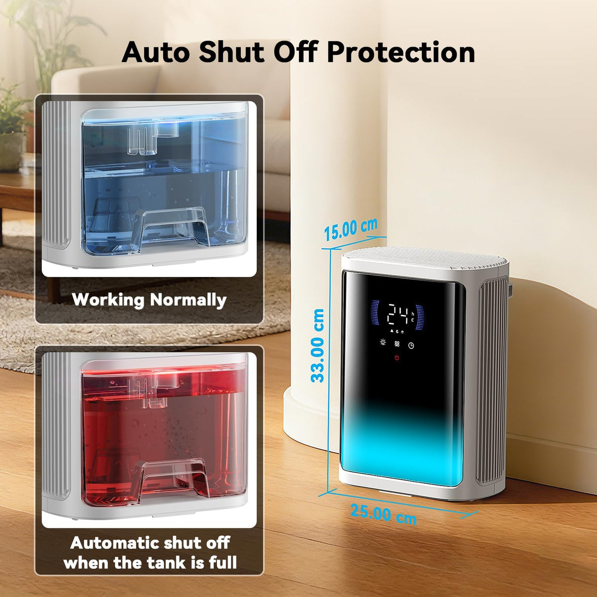 2,8 l, stille luchtontvochtiger voor het drogen van kleding, met timer van 6/8/12 uur, automatische uitschakeling en compleet paneel met 7 kleuren (850 ml/24 uur)