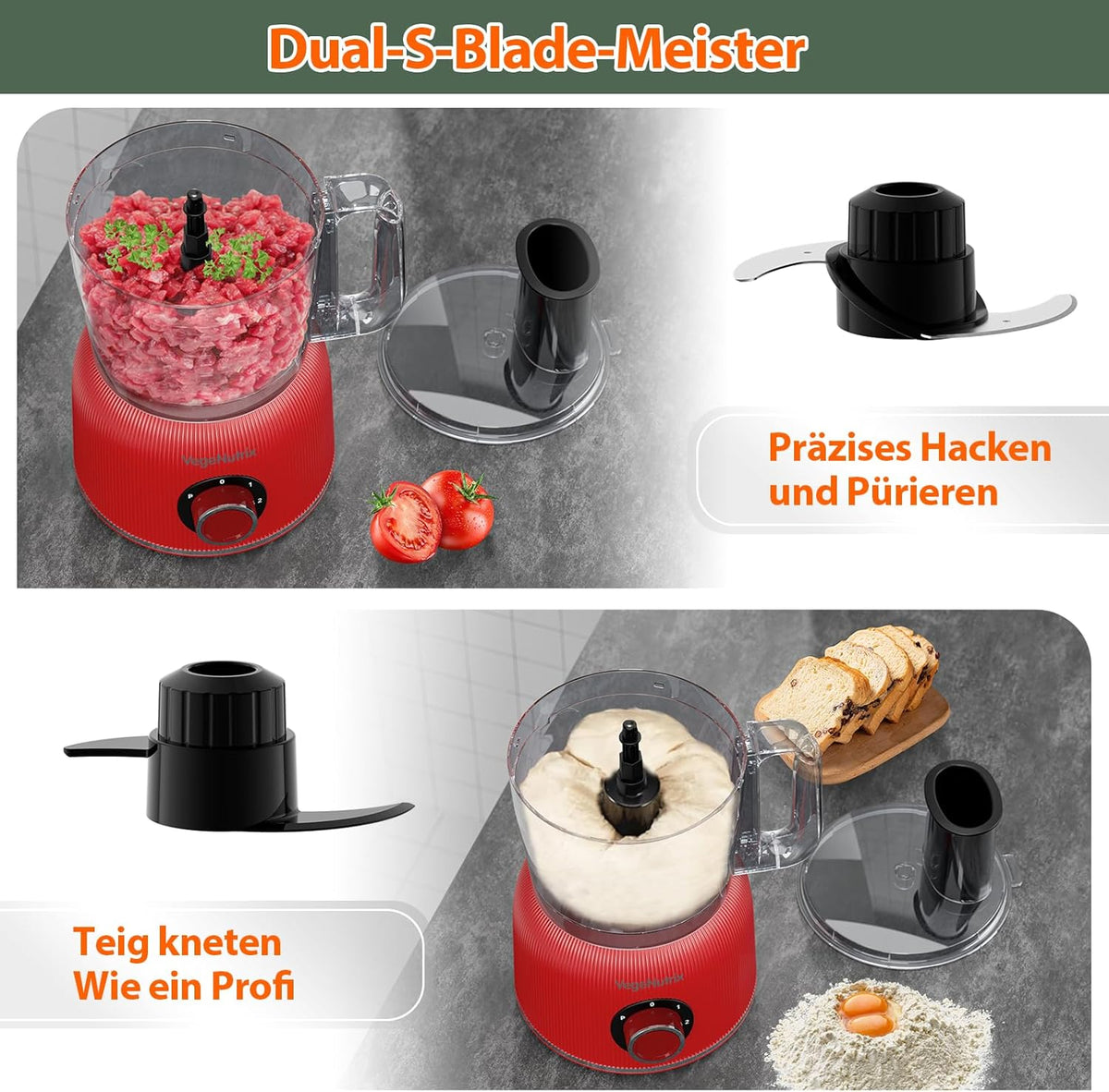 Keukenmachine en mixer combinatie, 2,5 l hakmolen voor vlees, groenten en deeg, 2 l blender met 1500 W glazen reservoir, 2 snelheden en pulsfunctie voor smoothies, voedingsstoffenextractie enz.