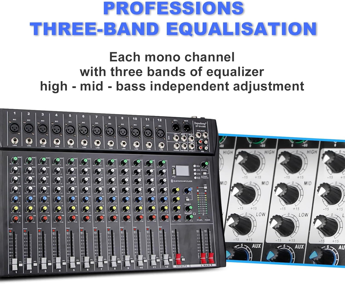 12-Kanaals Audiomixer – Mengpaneel – DJ-Mixer – Mengtafel – Muziekmixer – Bluetooth Draadloos Streamen – +48V Fantoomvoeding
