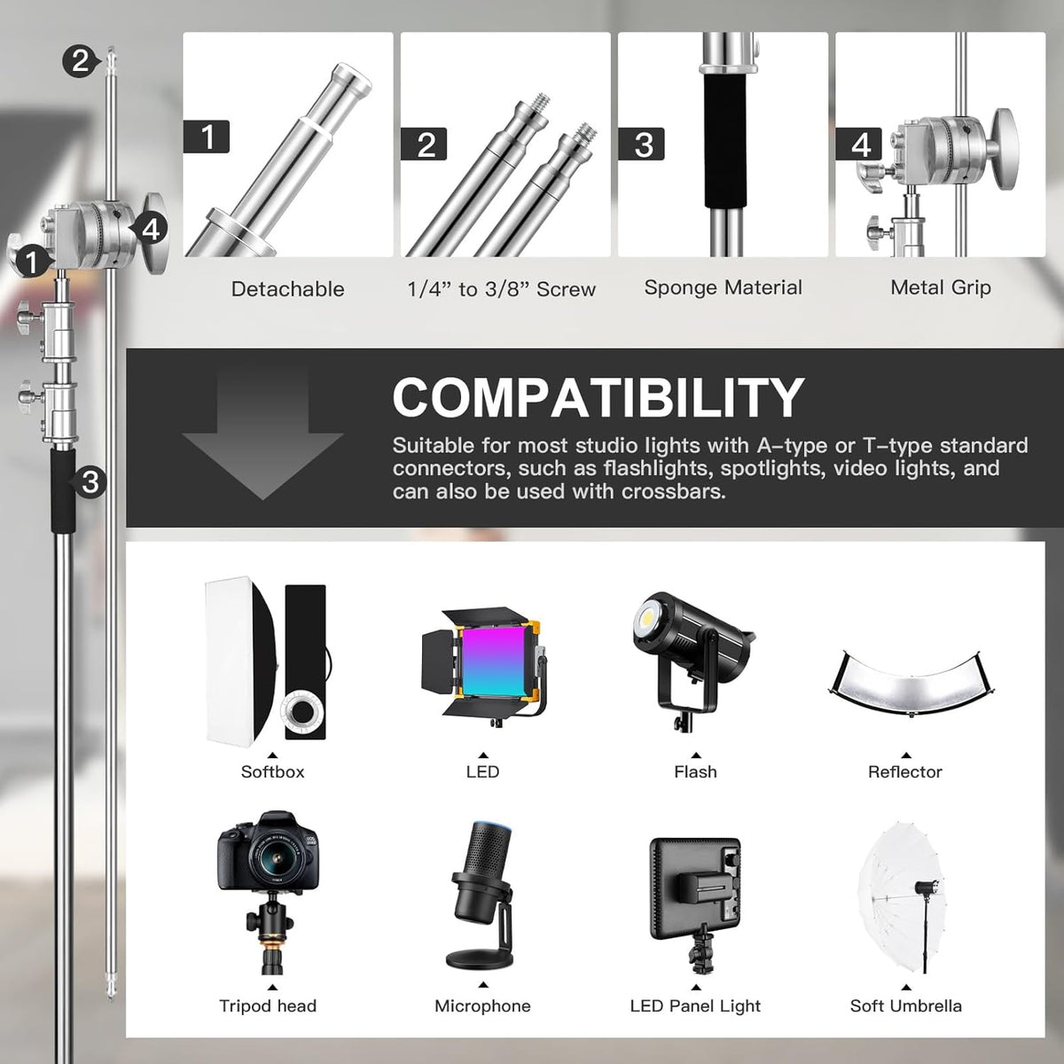 Soonpho Set van 2 C-statieven, heavy-duty staal, C-standaard van roestvrij staal, zilver, 330 cm, verstelbare lichtstandaard voor Studio softbox reflector, lichtstatief voor Godox AD200 Pro SK400II