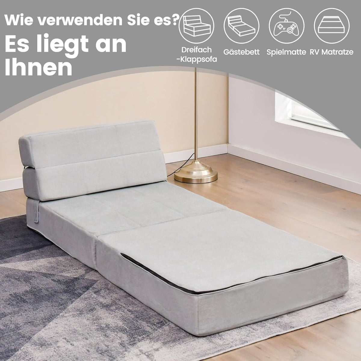 FANTASK 3-in-1 inklapbare slaapbank, klapmatras, schuimrubber, extra dik (15 cm), bankbed, vloermat, vouwmatras, gastenmatras met afneembare en wasbare overtrek, 190 x 71 x 15 cm, grijs