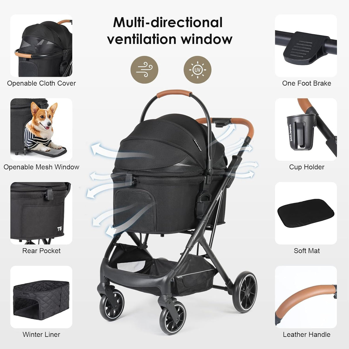 T6 Luxe Huisdierwagen voor middelgrote honden onder 29.9kg of 2 kleine honden & katten, opvouwbaar en afneembaar (Zwart)
